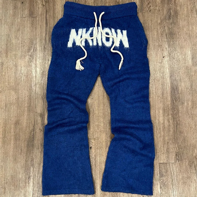 Custom Y2K Thermal Jogger Streetwear Stacked Knitted Casual Fuzzy Flare Mohair Pants Men