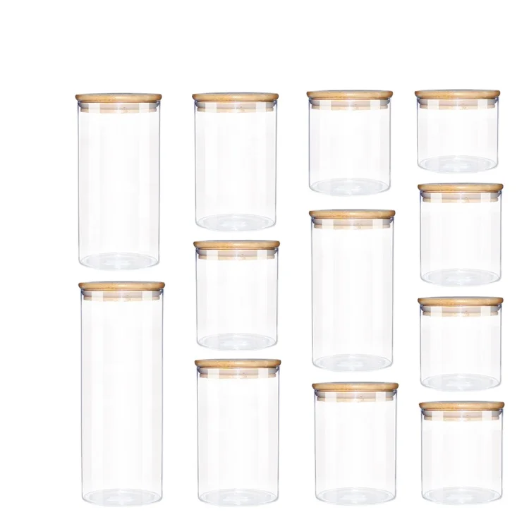Borosilicate Glass Storage Jar With Bamboo Lid For Tube Shaped Glass Storage Jar For Glass Spice Jar With Wooden Lid
