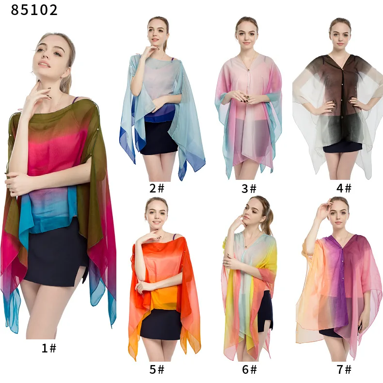 
Hot sale polyester silk printed summer Scarves for Ladies Beach Stoles Silk Scarf Women Strip Beach Shawls with pearl buttons 