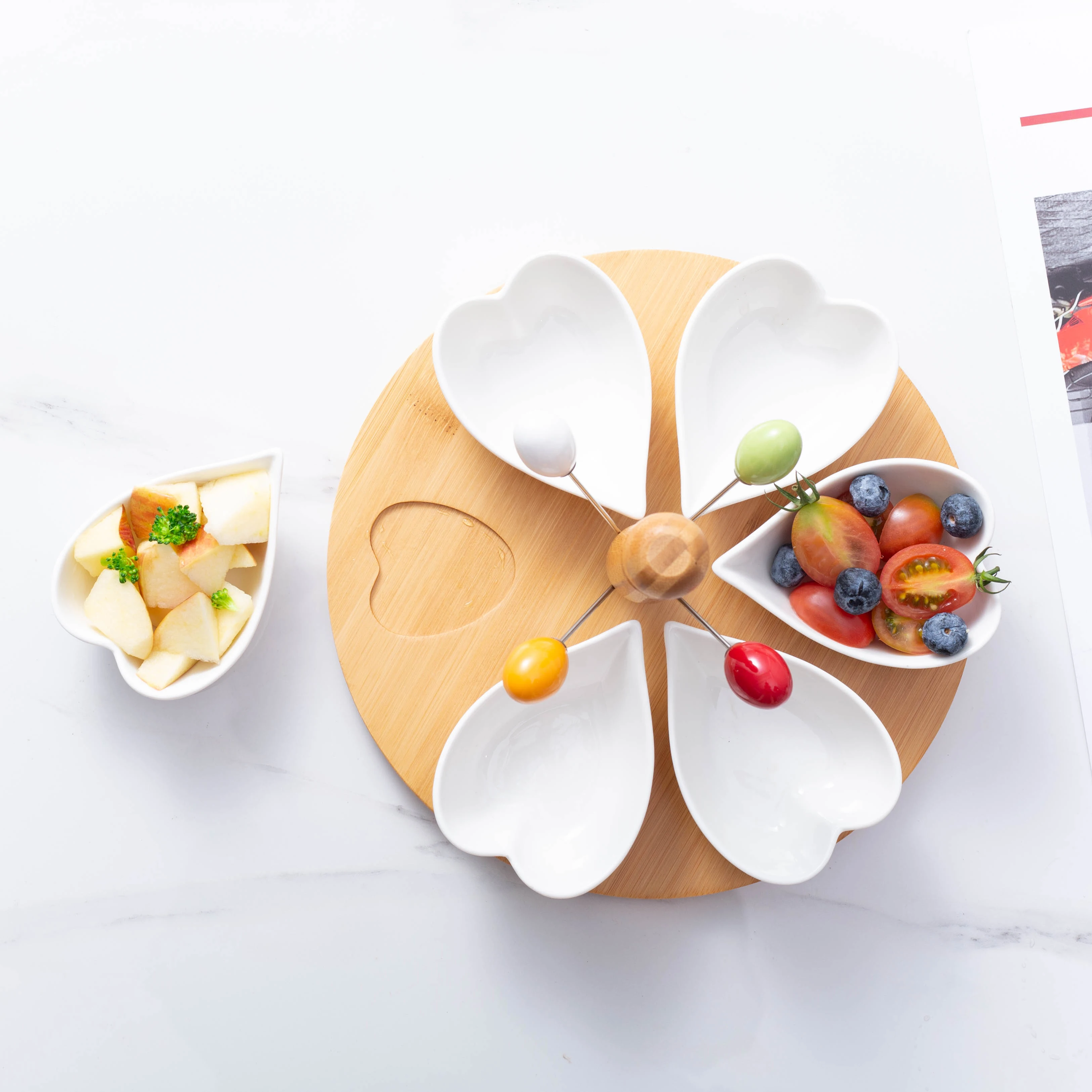 Separated dry fruit compartment tray water droplets shape white ceramic snack tray