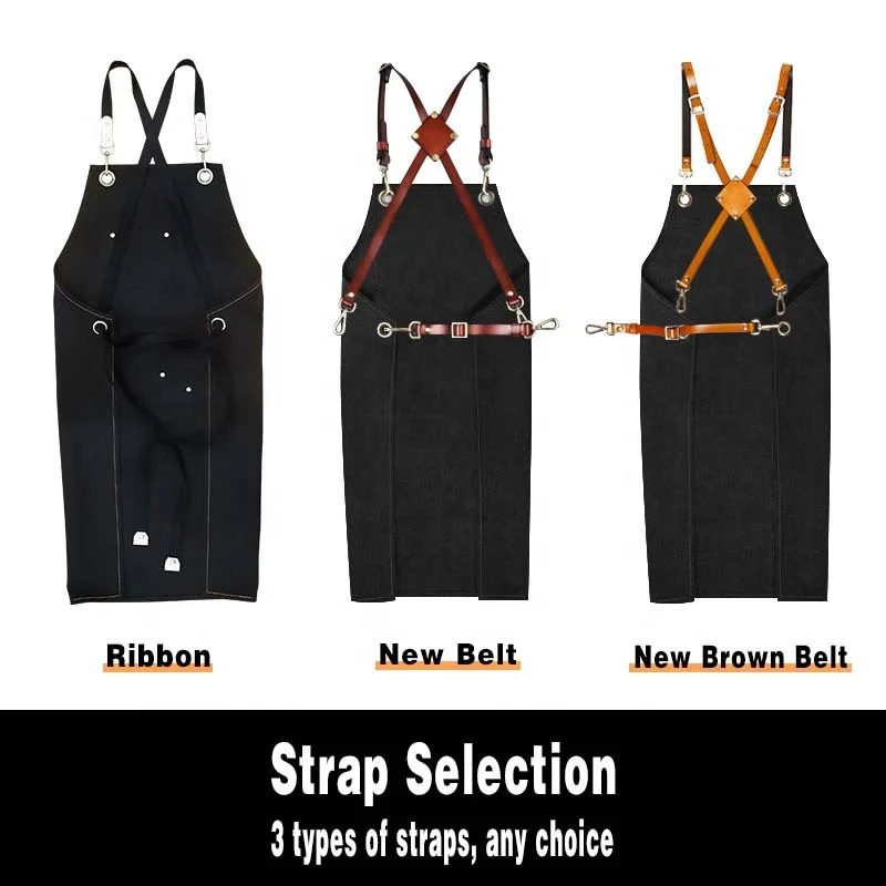 Factory Price Adjustable Cross Back PU Leather Kitchen Apron Chef Cooking Canvas Denim Webbing with Ring XL Size Cotton Material