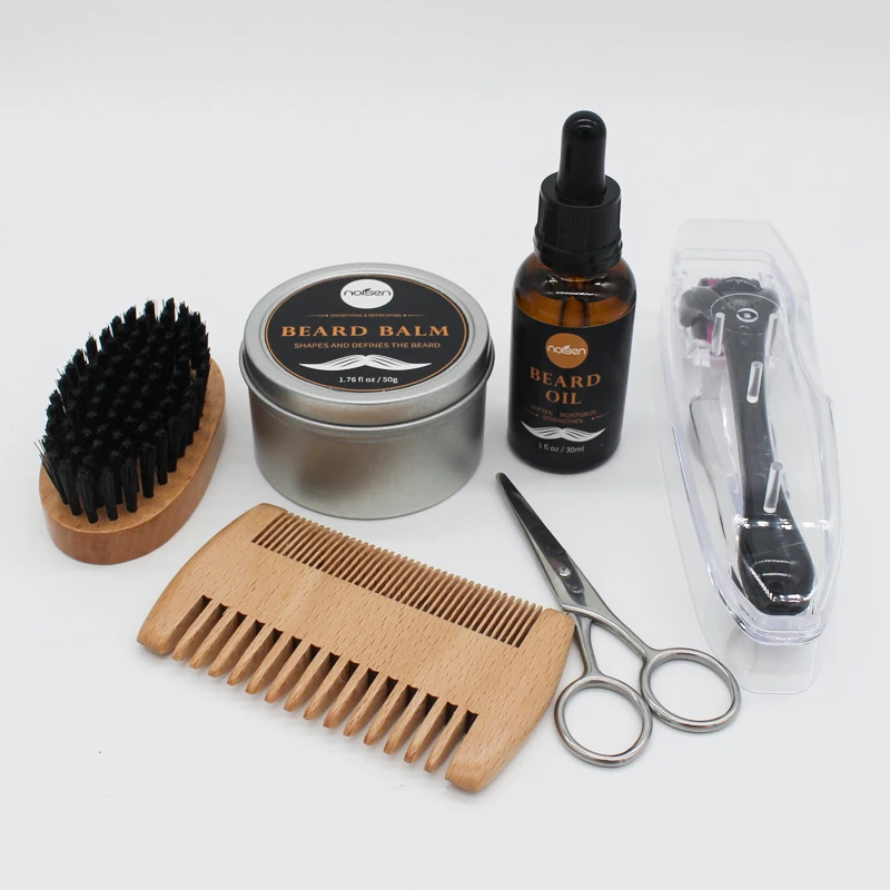 2022 New Men Beard Care Oil Growth Kit Brush and Comb Trimmer Roller Mens Grooming Balm private label organic wooden set