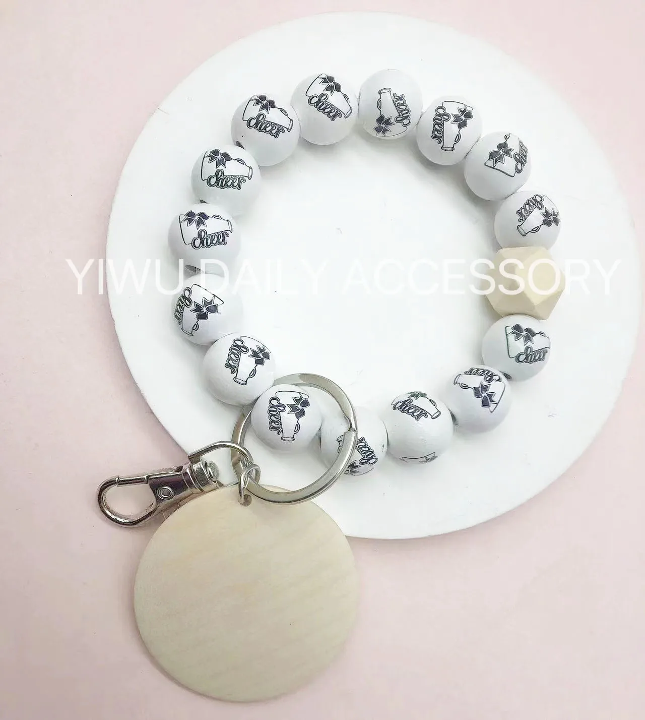 Custom Baseball Sporty Wristlet Key Ring Wood Disc Rugby Football Basketball Wooden Beaded Bracelet keychain