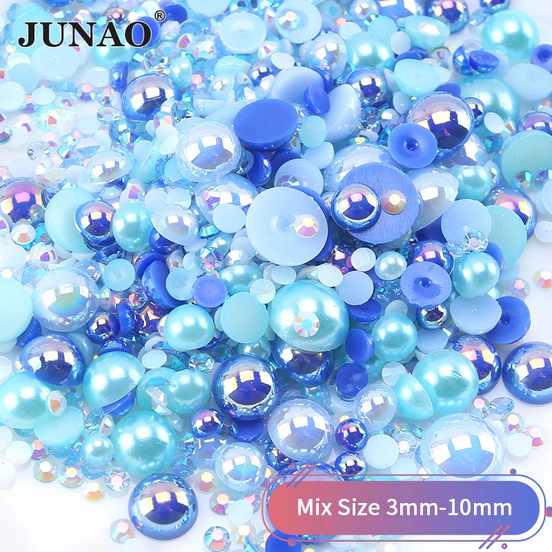 JUNAO Pearls Mixed Size 3-10mm Mix Candy Color Flatback Pearls Child Accessories Mixed Resin Rhinestones For Dress Nail Art