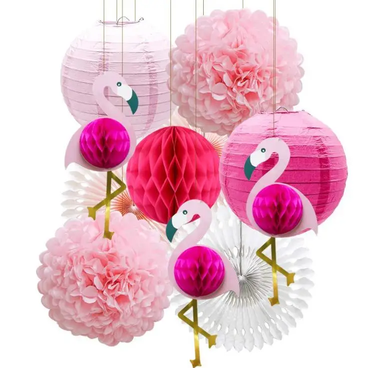 
Tropical Pink Flamingo Party Decoration, Poms Paper Flowers Tissue Paper Fan Paper Lanterns for Hawaiian Summer Beach Party 