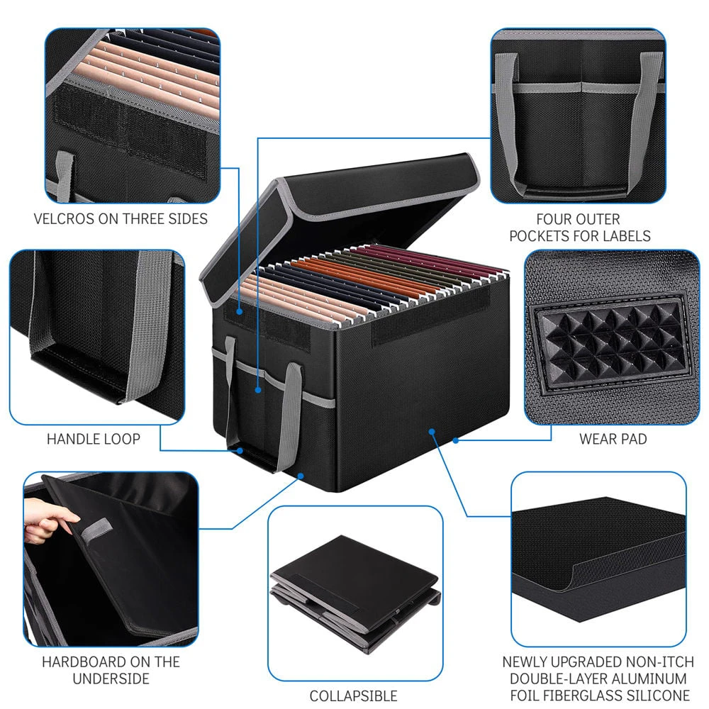 Waterproof Fireproof Foldable Storage Case Square Shape Collapsible Filing Organizer with Lock and Handle for Document Storage