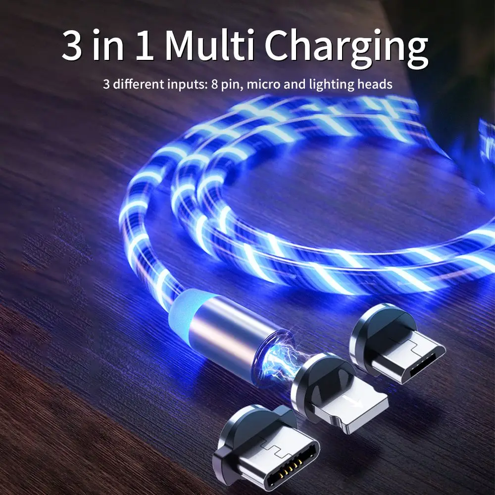 Бесплатный образец светодиодного светильника USB-кабеля типа C Micro 3 в 1 Магнитный зарядный кабель для мобильного