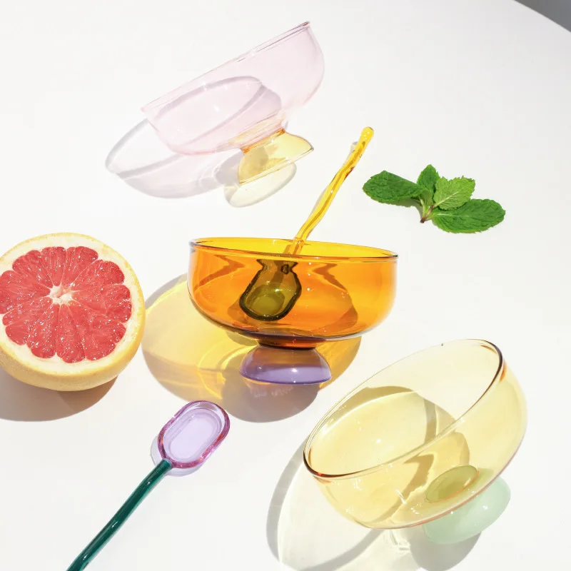 Eco Friendly Customized Color Glassware Bowls Creativity Modern Style fruit ice cream Colored Borosilicate Glass Bowl and Cup