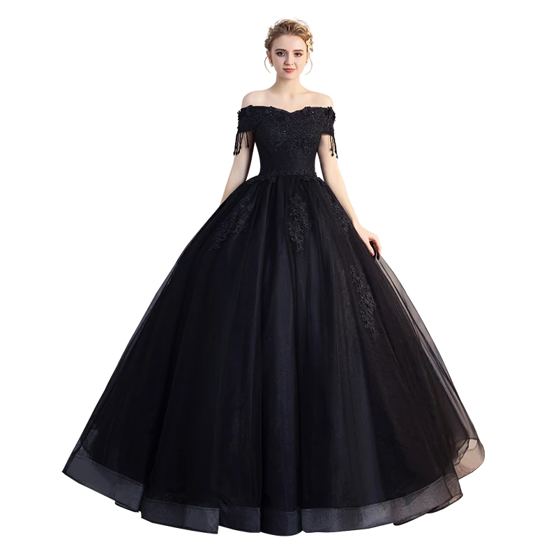 New Hot Sale Bridal Lace Fringe Wedding Prom Party Gorgeous Black Dress Ball Gown