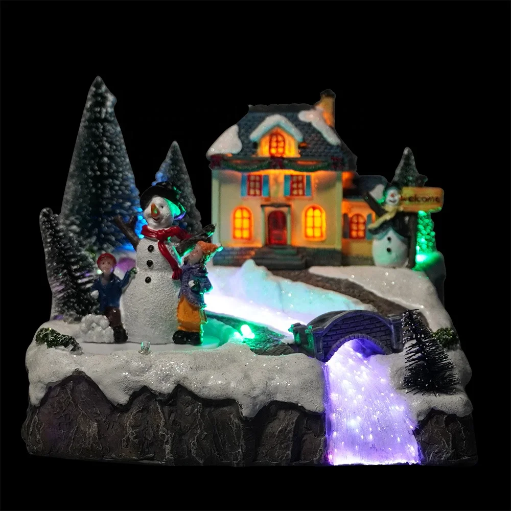Wholesale Noel Holiday Decor Xmas Scene Resin Fiber Optic Christmas Village Houses with Mult Color Leds Lights