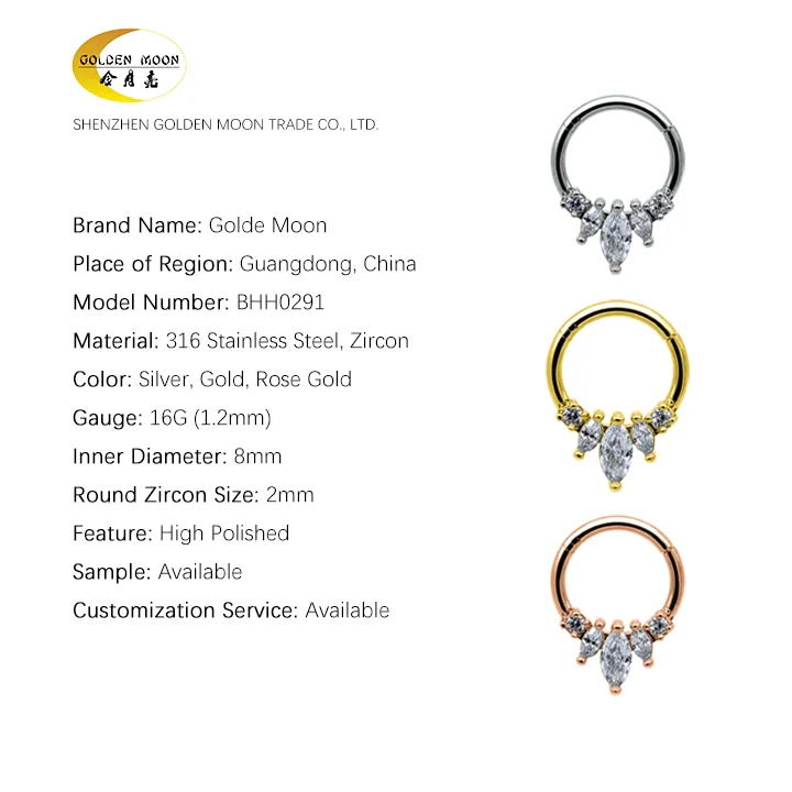Hinged Segment Gold Plated Surgical Grade 316L Stainless Steel Titanium Piercing Jewelry Nose Septum Rings for Women