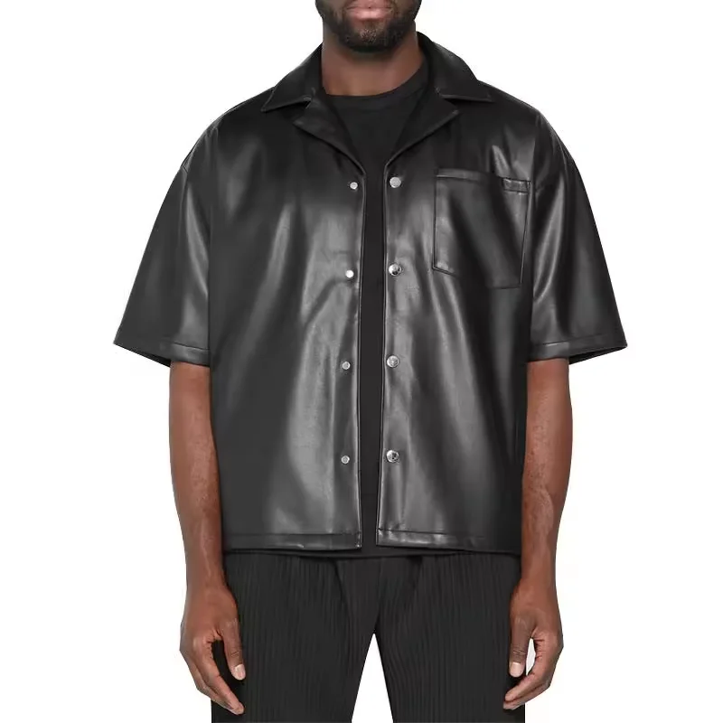 OEM 2024 Custom High Quality Mens Shirt Loose Fit Cool Fashion Black Short Sleeve Black Baggy Vegan Leather Shirt Men