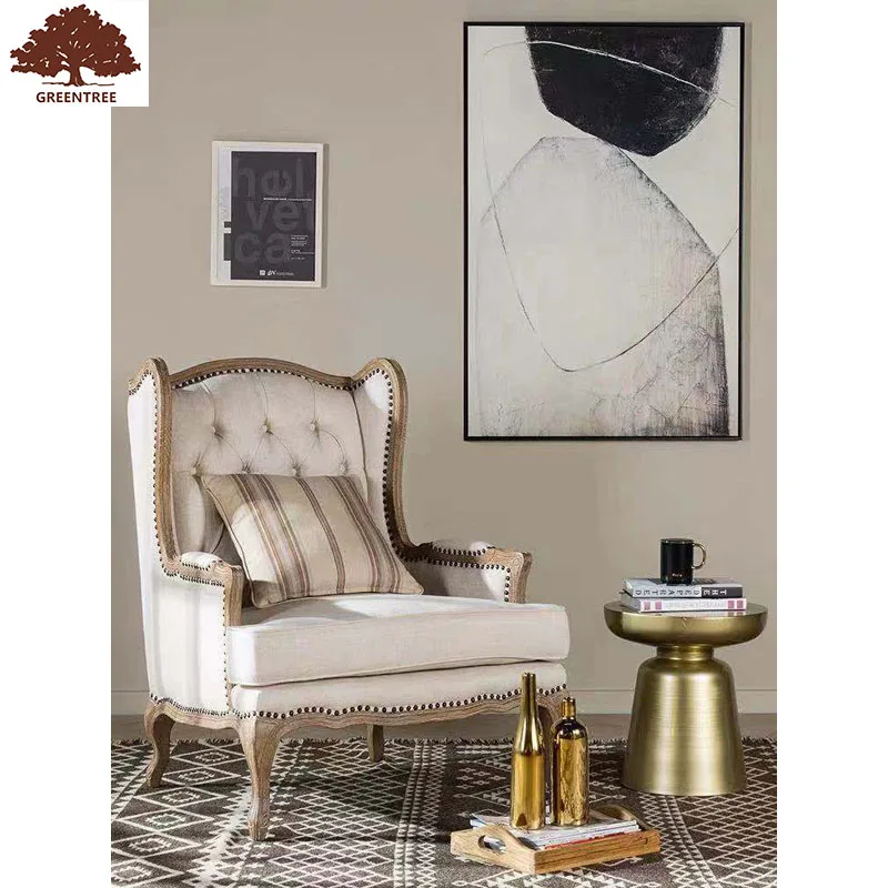 Antique Single Sofa Wooden Frame Linen Fabric Aerican Style Accent Leisure Chair