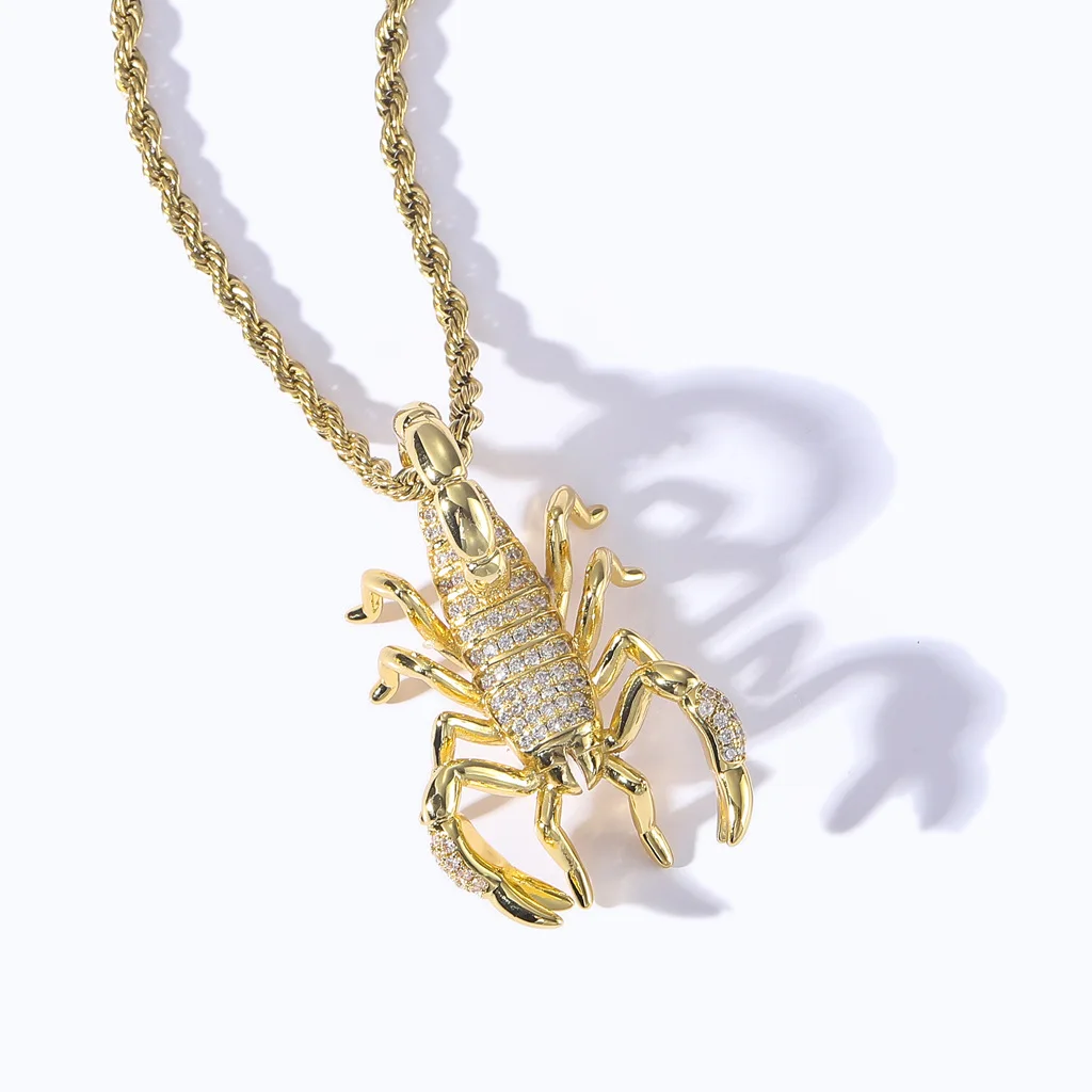 BES Trending Hip Hop Jewelry Minimalist 18K Gold Plated Twist Chain Iced Out Zircon Brass 3D Scorpion Pendant Necklace