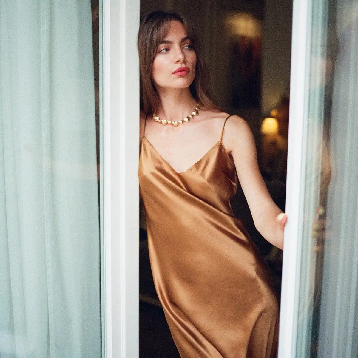 OEM ODM 2023 New Arrivals Women Unlined V neck Dress Fashion  Silk acetate  Silk satin halter dress for women