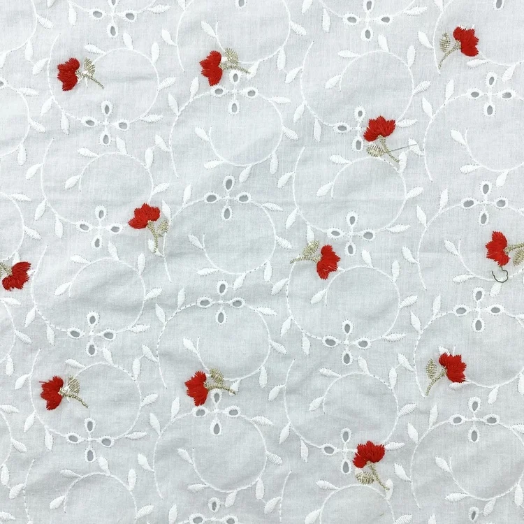 Customized quick-dry white voile cotton eyelet flower embroidery fabric for apparel-shirts blouses