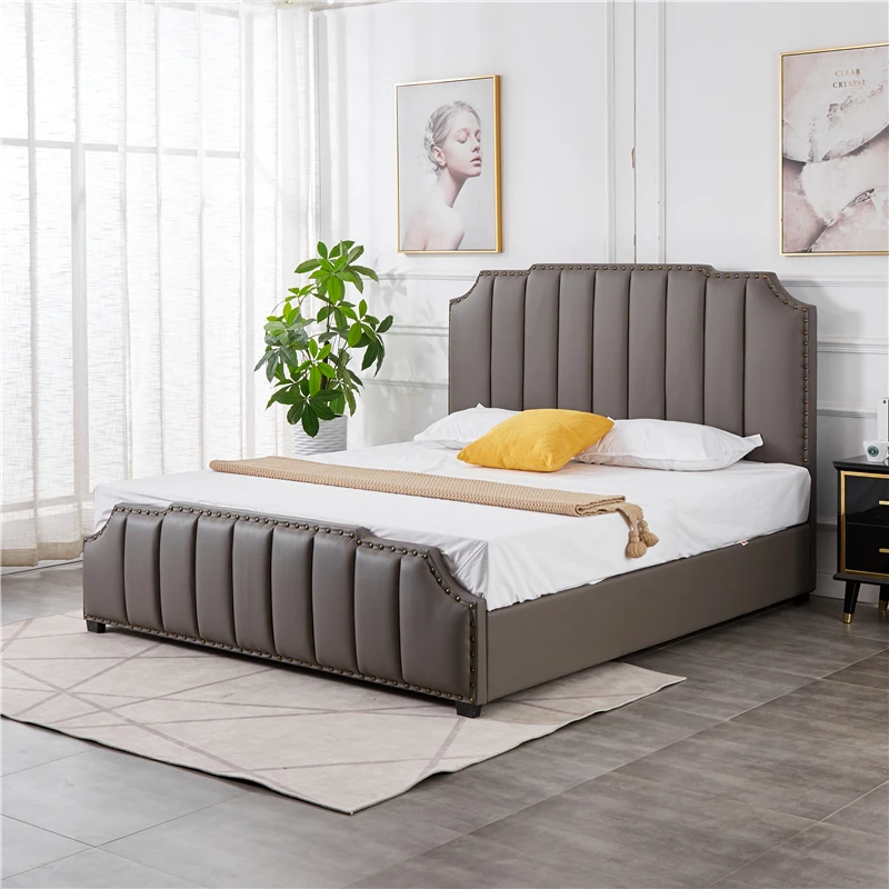 on sale hot classical bedroom furniture leather tufted beige brown single double queen size bed frame with foot board