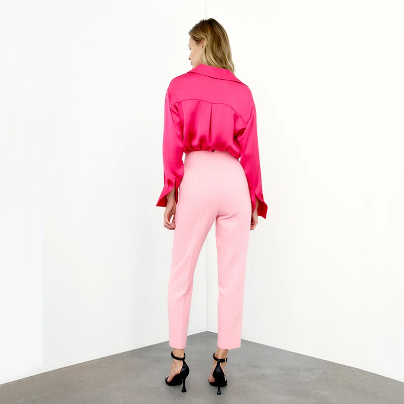 New Design Custom Comfortable Casual Pure Color Front Welt Pockets High-Waist Cigarette Pants For Women