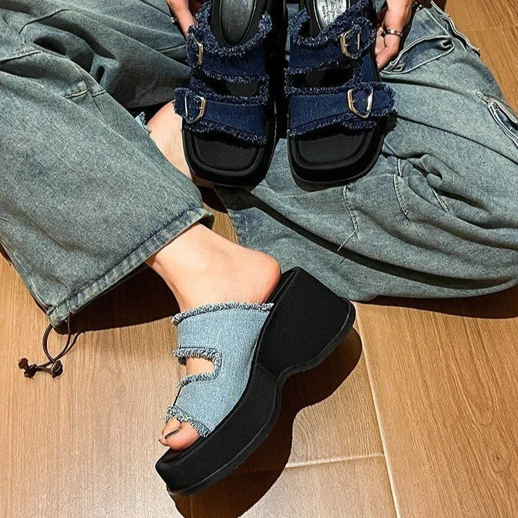 Square Toe Thick Bottom Metal Buckle Shoes Cowboy Height Increasing Slippers Comfortable Non-slip Soft Bottom Casual Shoes