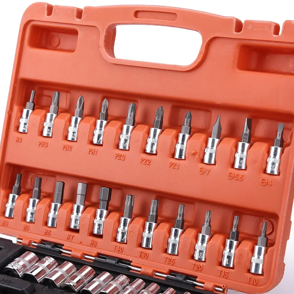 Hot Sale 46 Pieces 1/4' Dr Socket Wrench Set Chrome Vanadium Hand Tools with Ratchet Handle Wrench and Spanner for Car Repair