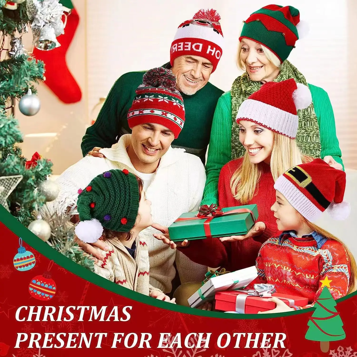 Handmade Red Green Knitted Crochet Beanies New Adult Christmas Elf Santa Style Wholesale Fiber Material Natural False