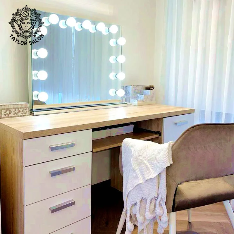 Modern Design Salon Furniture Style Mirror MDF Barber Station Hair Salon LED Mirrors Dressing Table With Drawers