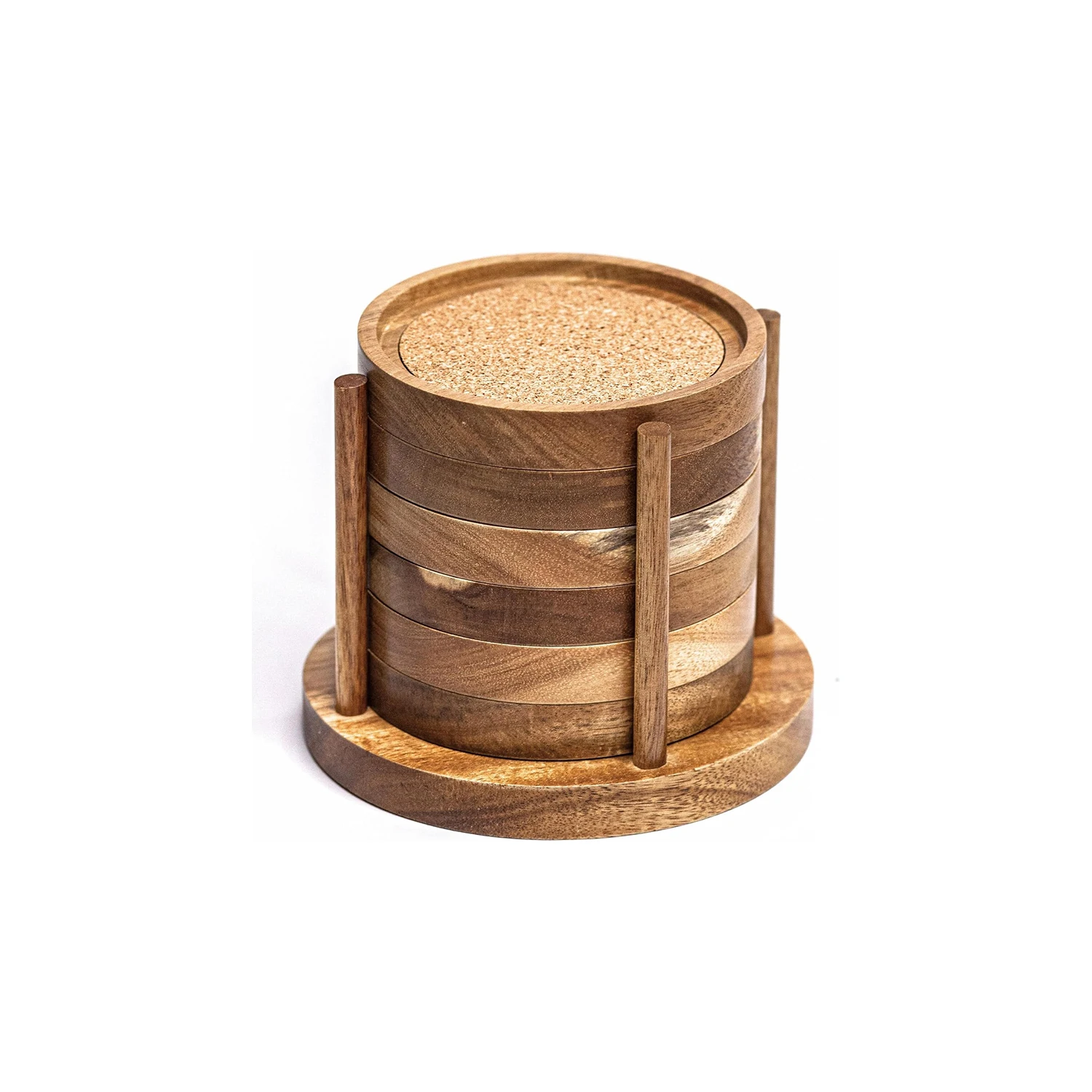 6pcs Acacia Wood Coasters Wood Cork Coasters for Drinks Absorbent with Holder