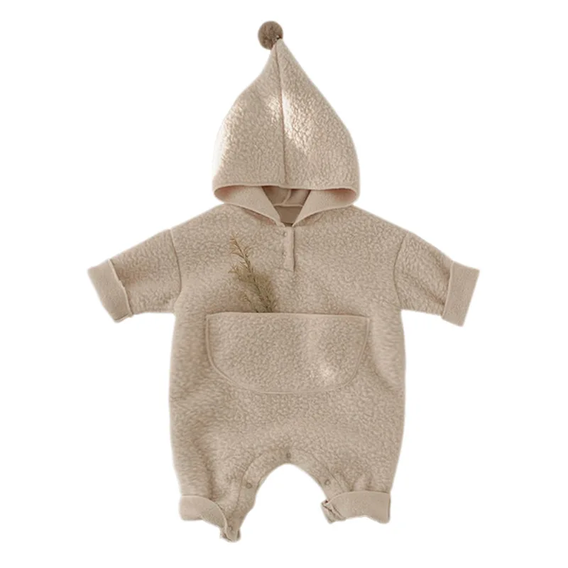 Autumn and winter thickened hooded long double-sided plush baby warm crawling suit