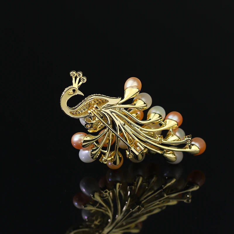 Elegant Peacock Copper Brooch Pin Accessories Zircon Imitation Pearl Corsage Jewelry Needle