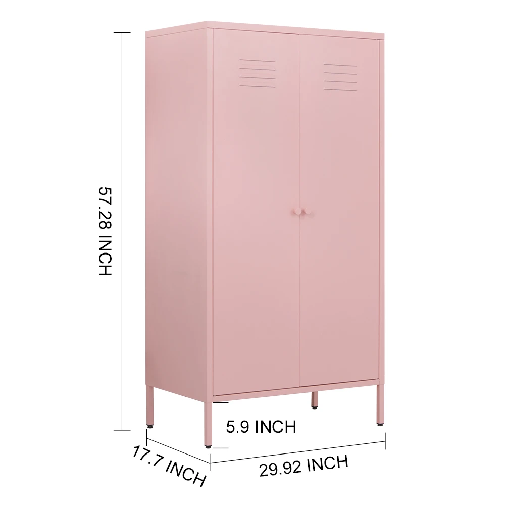 Fashion pink metal swing 2 door cupboard home furniture steel storage cabinet wardrobe for living room