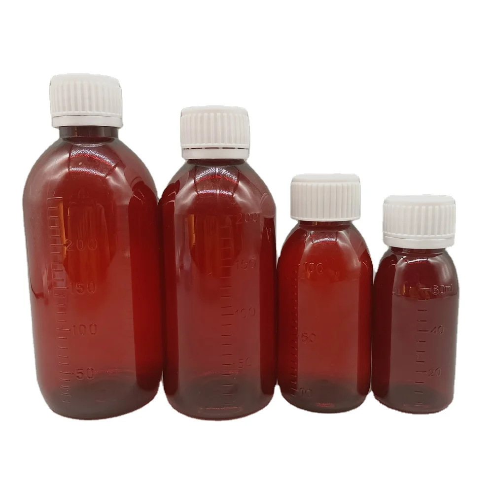 60ml 100ml 120ml 150ml 200ml 250ml 300ml PET Empty Plastic Bottle With Measuring CRC Cap and For Medical Liquid Cough Syrup