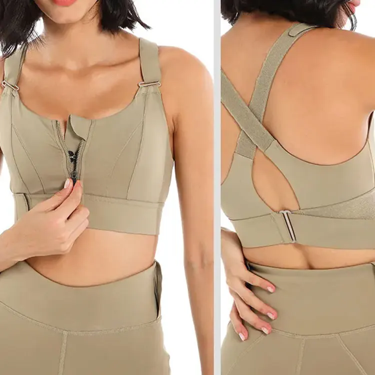 custom Womens sports zipper crop top U neck and custom logo women fitness yoga sports bras