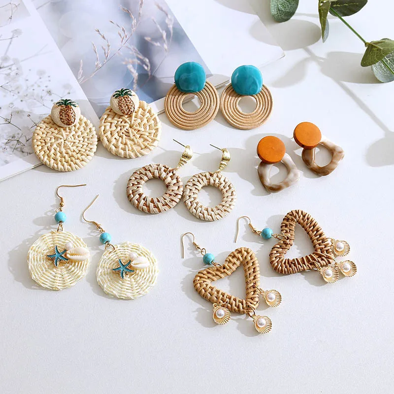 Boho Beach Wooden Geometric Heart Shaped Rattan Drop Earrings Fashion Handmade Turquoise Shell Wicker Straw Braid Earrings