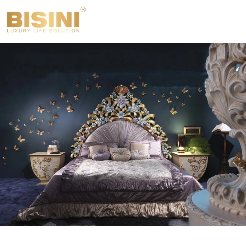 Graceful Custom Italy Milan Style Palace Home Master Bedroom Violet Bed Set Wood Carved Butterflies flowers Double Bed