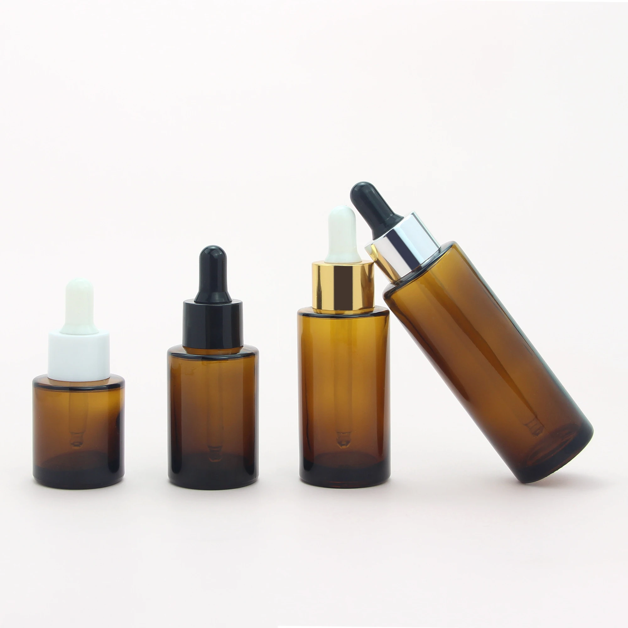 Flat Shoulder Brown Amber Serum Dropper Glass Bottle 20 30 40 60 ml Hair Oil Bottles with Gold Silver Black White Cap