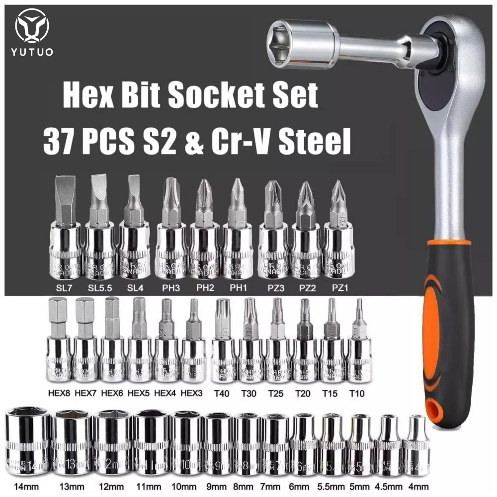 YUTUO mechanical car repair hexagon bits h screwdriver 1/4 mini 46pcs/set hand tool socket ratchet torque wrench extension set