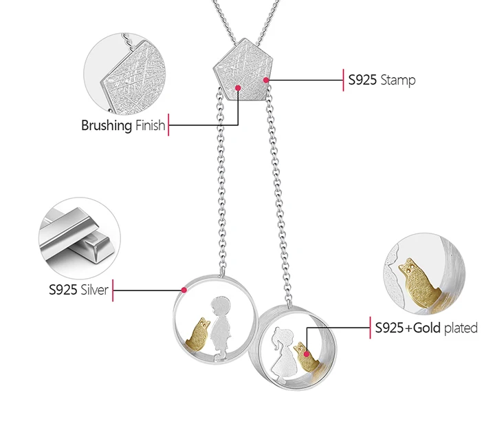 Lotus Fun handmade 925 sterling Silver 18k gold plated girl and boy With Cat ring earrings pendant necklace couple jewelry set