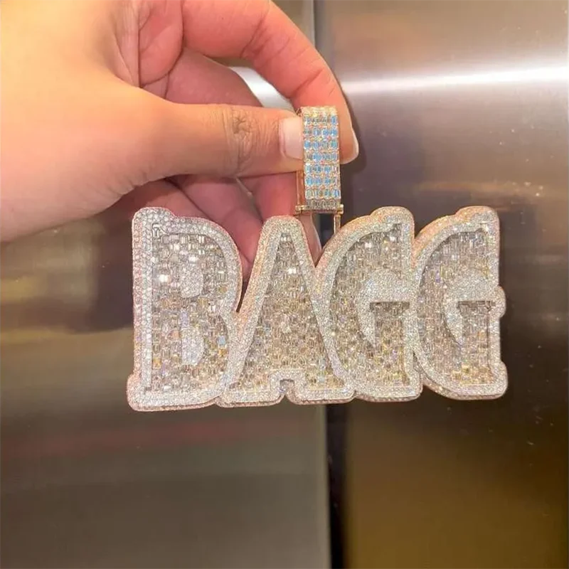 Custom Rose Gold Vvs Baguette Moissanite Pendant 925 Sterling Silver Mens Iced Out Hip Hop Logo Letter Charm Rapper Jewelry