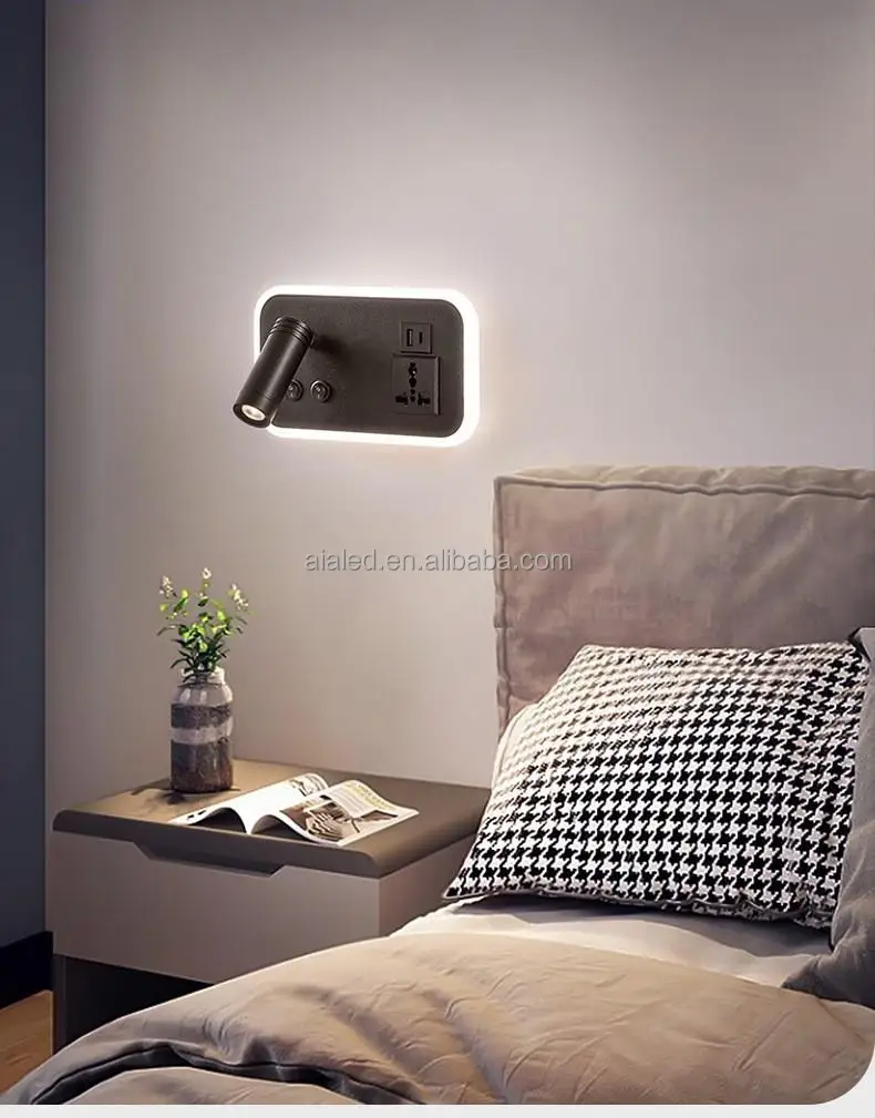 Multifunctional adjustable hotel villa apartment bedroom reading wall lamp USB Type-C wireless charger socket bedside wall lamps