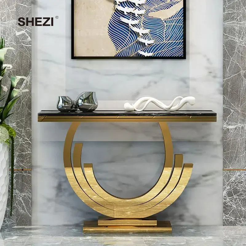 SHEZI Natural Marble Table Gold Forged Iron Frame Hallway Narrow metal Console Table For Home