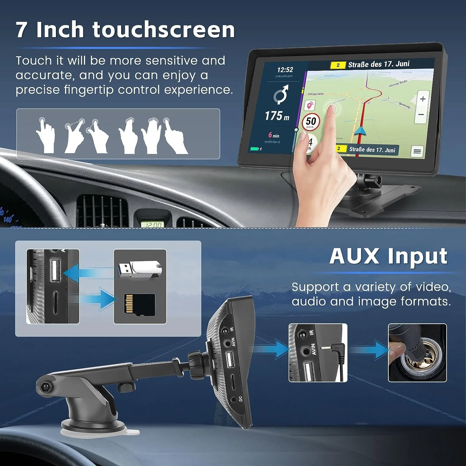 Podofo 7 Inch Touch Screen Portable Car MP5 Player Wireless Carplay Android Auto FM BT TF/USB/AUX Car Stereo Voice Control