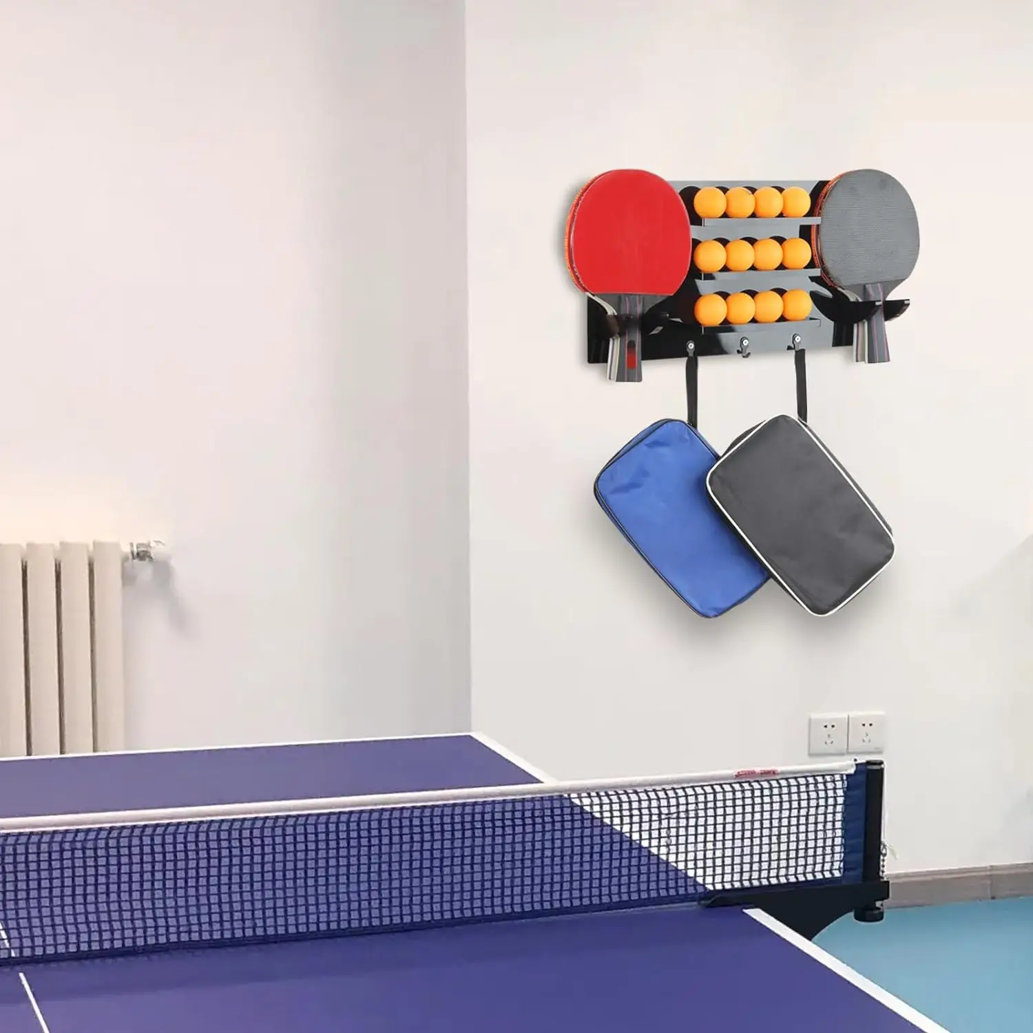Ping Pong Paddle and Balls Holder with Hooks, Wall Mounted Table Tennis Storage Rack for 6 Bats and 12 Balls