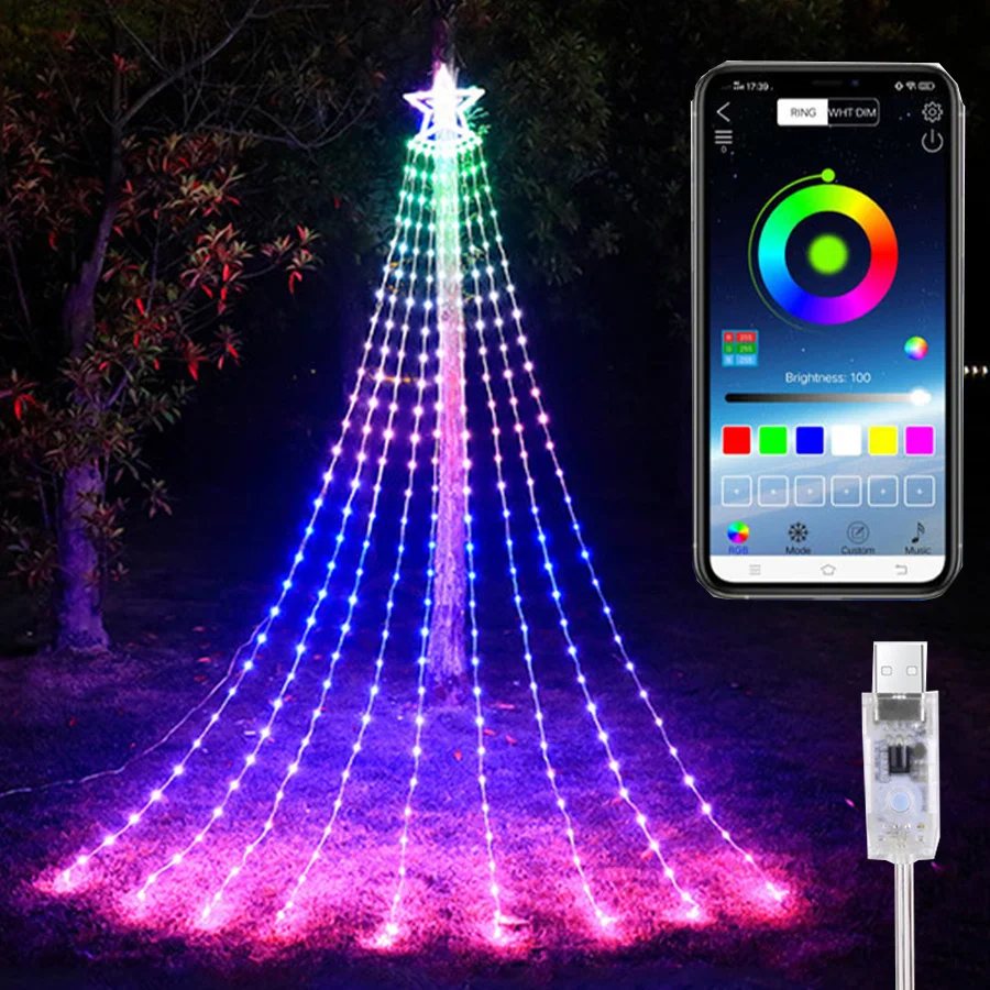 Christmas light 2.8M Dreamcolor APP Control Waterfall Fairy Light String Garland 304LED Smart Christmas Tree String Light