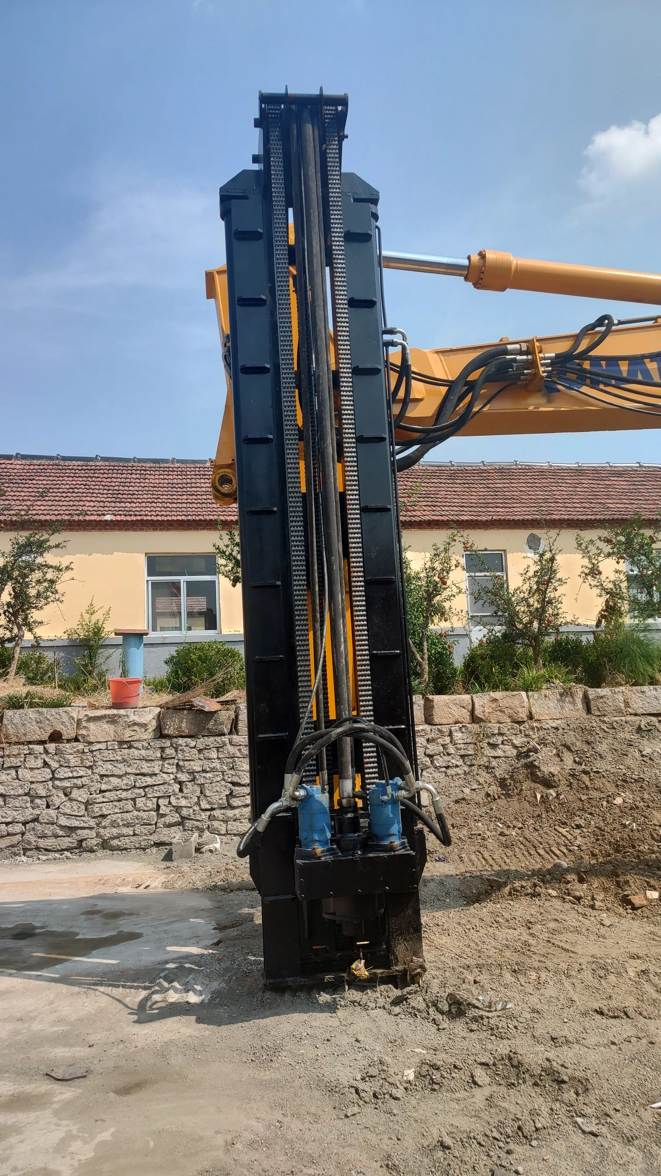 Hydraulic excavator mounted rock drilling rig for hard rock borehole mining drilling and foundation construction usage