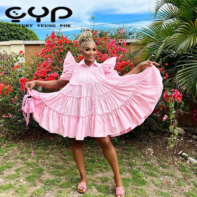 Sharee Women Pleated Loose Puff Sleeves White Cotton Dress Puffy Dresses for Women