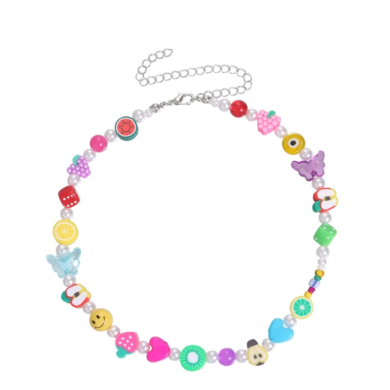 New Fashion Acrylic Butterfly Resin Soft Pottery Fruit Love Pearl Handmade Beaded Necklace Women