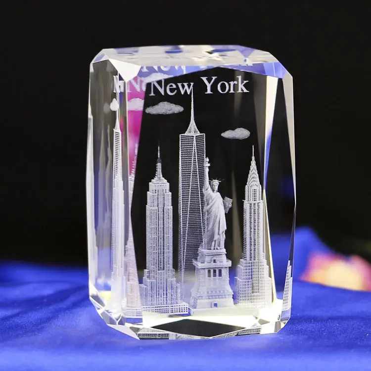 Tourist Souvenirs Gifts 3d Laser Crystal Engraving NYC Landmarks Statue Of Liberty NYC Skyline Engraved Crystal Crafts