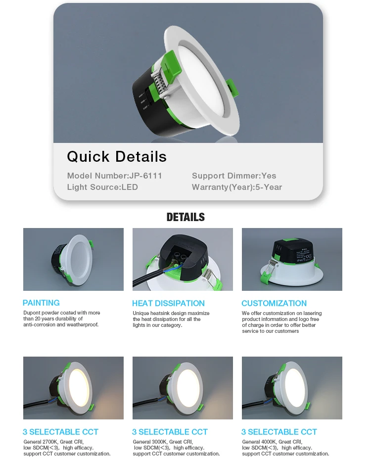 9W Waterproof Recessed Rust Prevention IP44 LED Downlight Dimmable Warm white Cold White 3 Color Embedded Tricolor Downlight