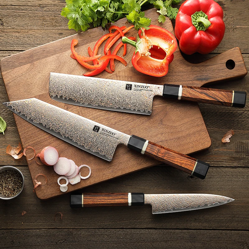 XINZUO New 3Pcs Customized 37 Layers Tricolour Copper Damascus steel Desert Ironwood Handle Sharp Kitchen Chef Knife Sets Gift