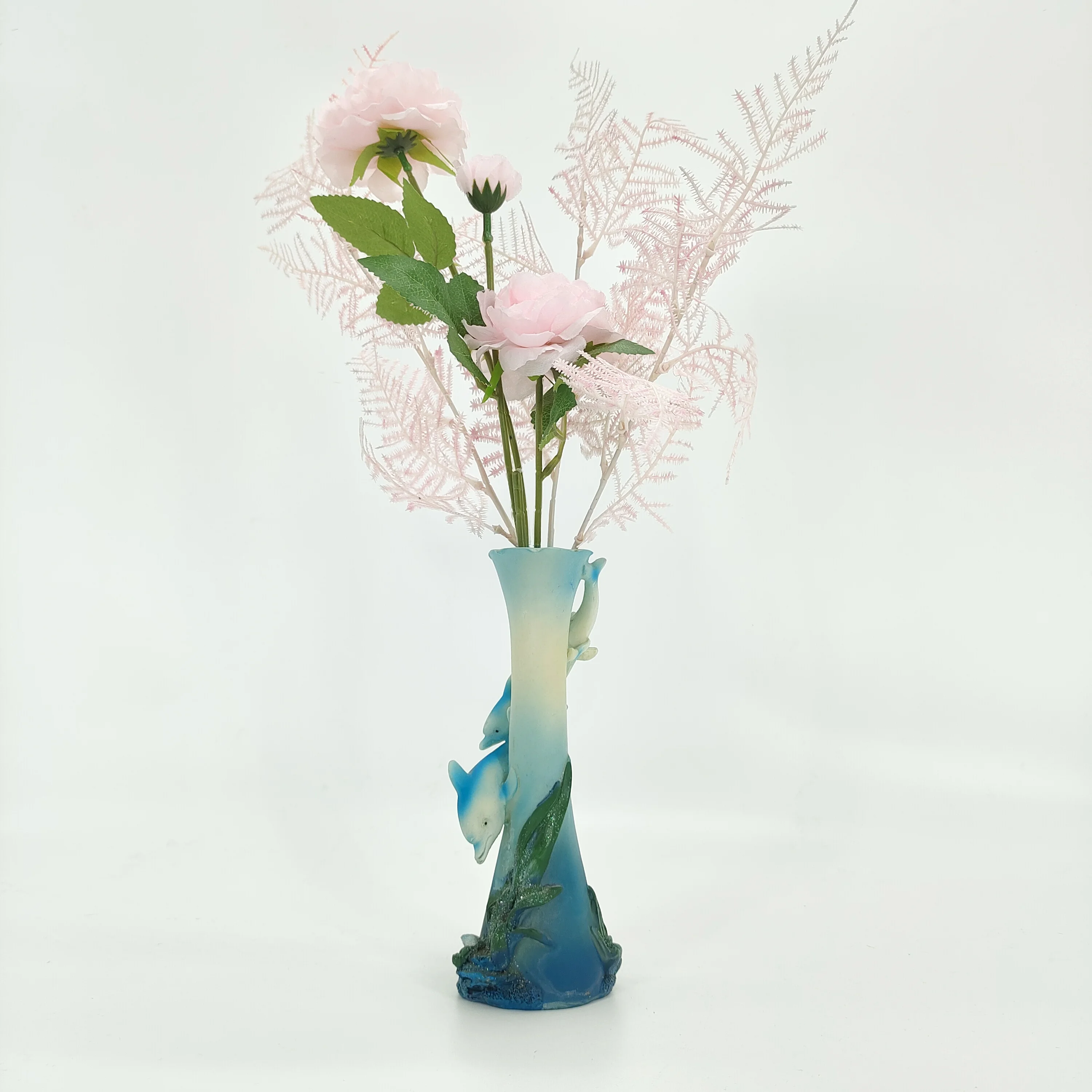 Custom Polyresin Dolphin Figurine and Flower Vase Resin Arts Crafts for Home Decoration Artificial Style